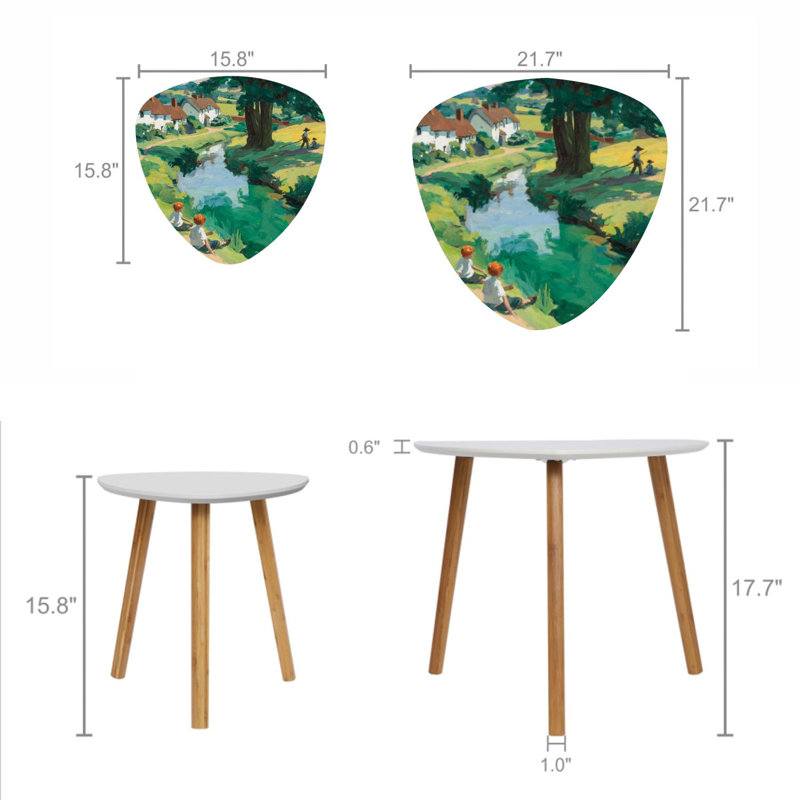Ensemble de 2 tables basses gigognes triangulaires, paysage de rivière, peinture à l'huile, table de bout, table d'appoint moderne minimaliste pour salon, chambre à coucher