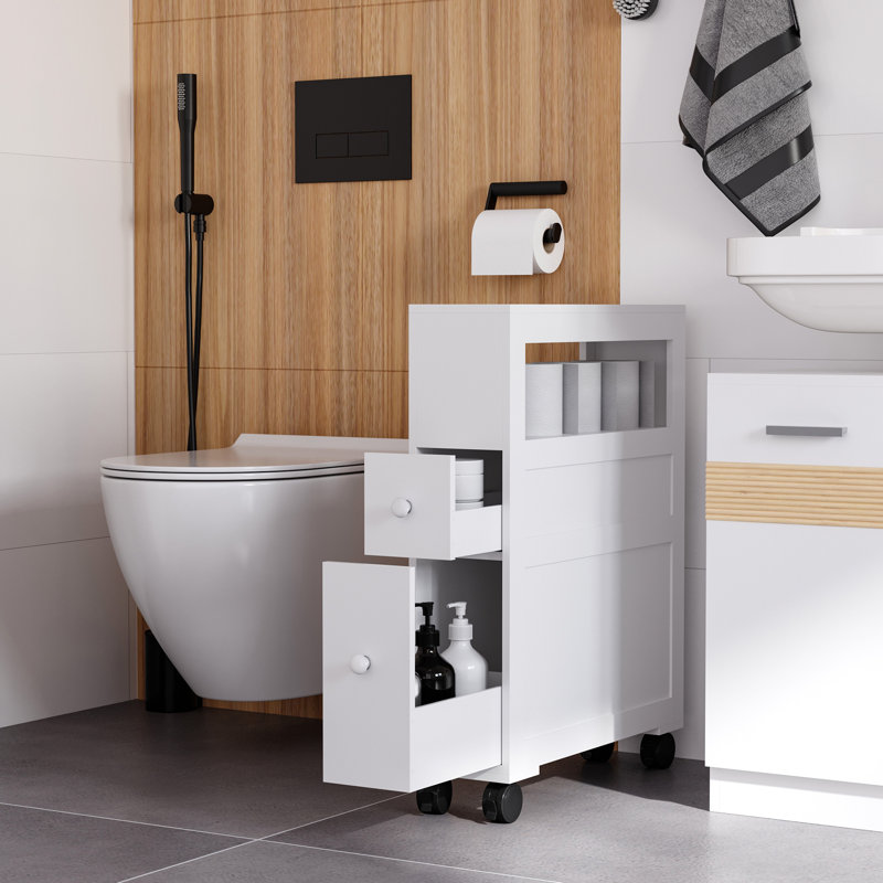 Space-saving Rolling Mdf Cabinet For Bathroom Storage - Sleek White Finish