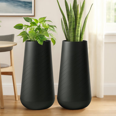 Ensemble de 2 grands pots de fleurs décoratifs blancs à arrosage automatique pour l'intérieur, pot à fleurs noir de 27 pouces de hauteur avec pot de colonne, trou de drain
