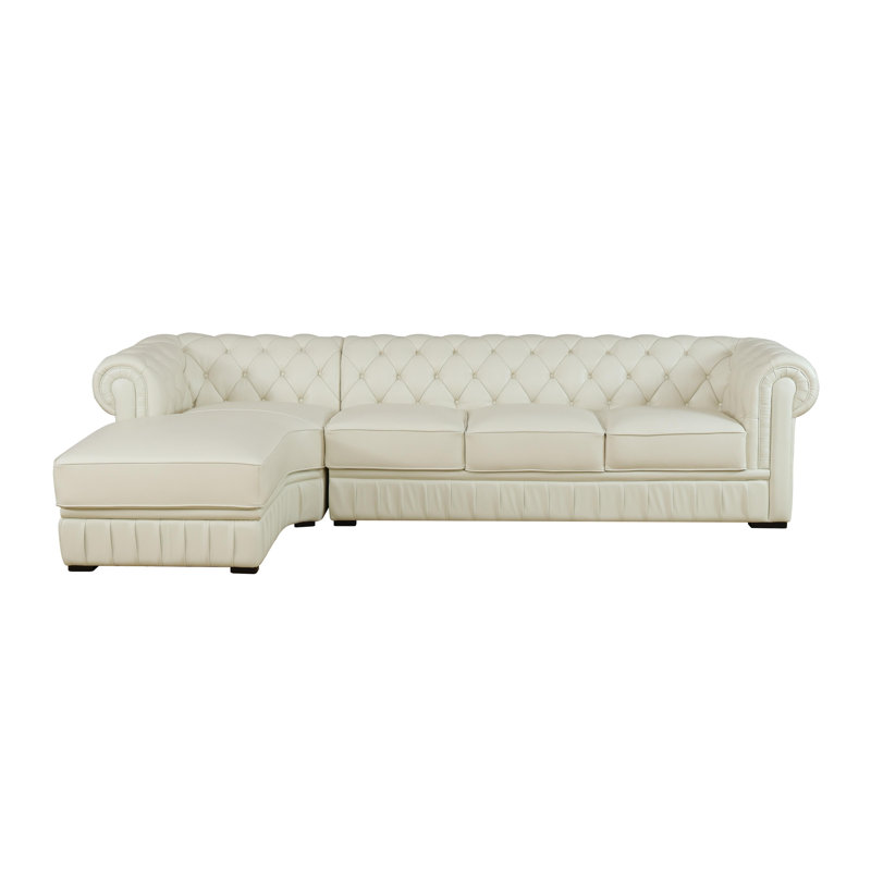 Belevy 132.5" Hand-Crafted Cow Top Genuine leather Sofa and Chaise, Beige Genuine Leather