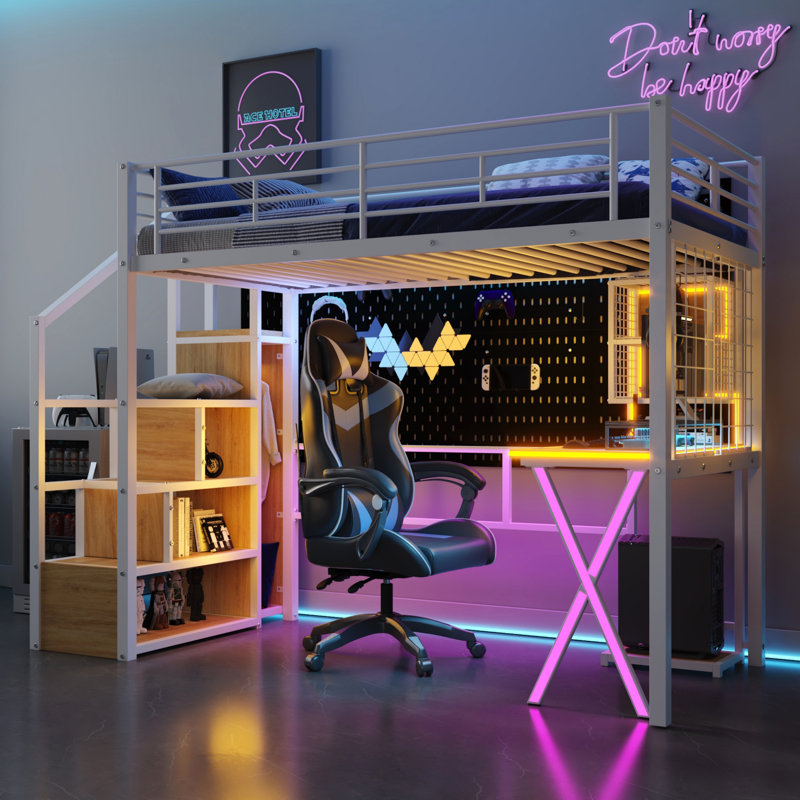 Lit mezzanine innovant en métal intégré avec poste de travail, garde-robe, escalier de rangement et éclairage à DEL pour une économie d'espace et de vie fonctionnelle