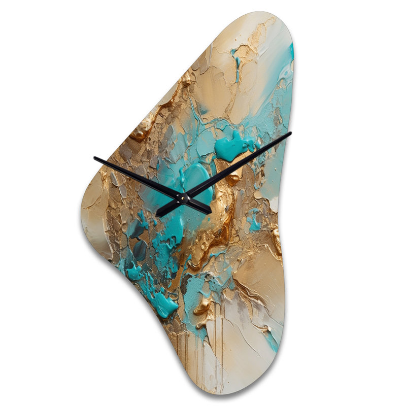 Gold Blue Transcendent Liquid Ink II - Boomerang Shape Abstract Marble 3D Wall Clock, Large