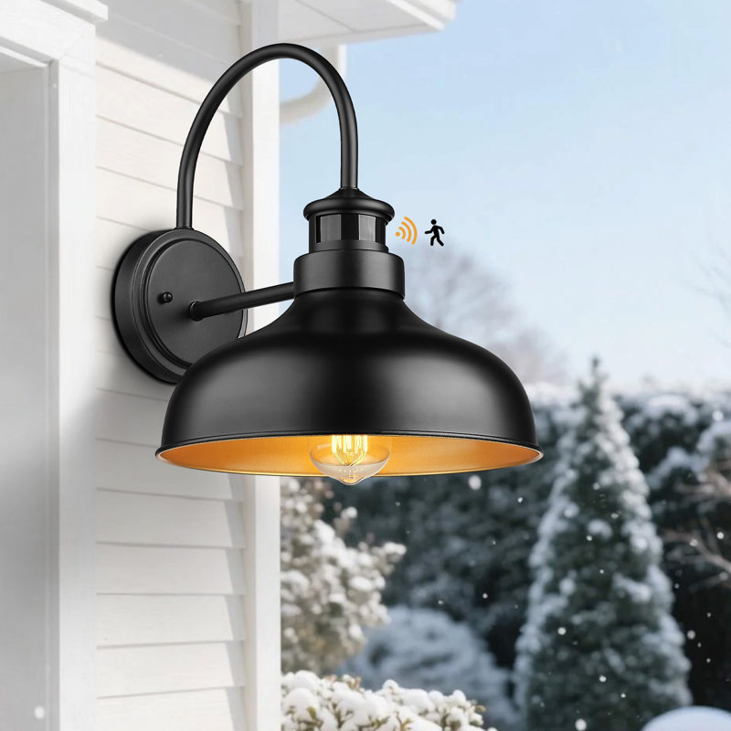 Infrared Motion Sensor Farmhouse Barn Light, 13.5" Black Outdoor Wall Sconce, Industrial Exterior Wall Lamp, 2 Pack
