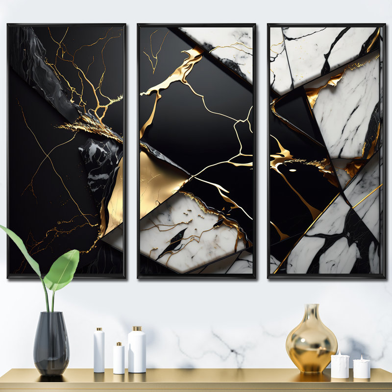 «Abstract Geode Gold IV», reproduction sur toile flottante 3 pièces, Noir, H 28 po x l 36 po x P 1 po