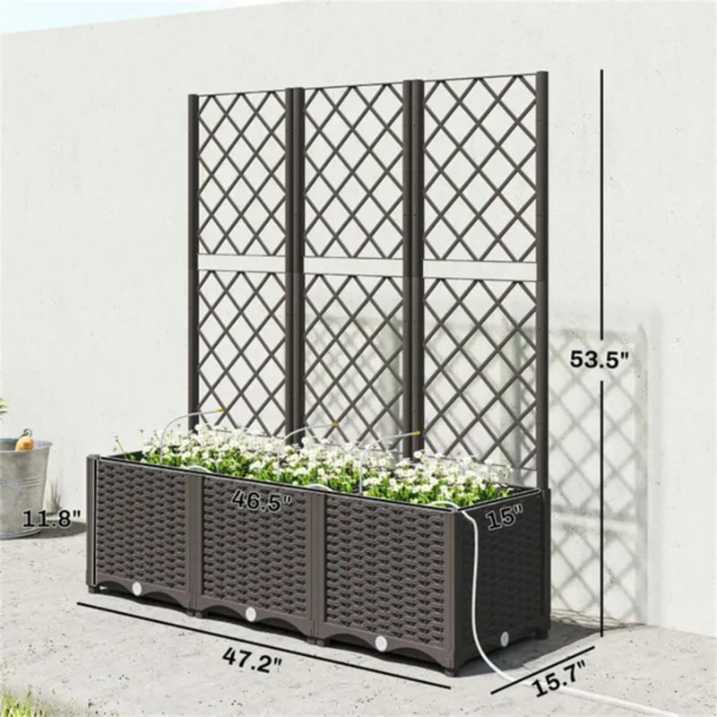 Jardinière surélevée en polypropylène brun avec treillis et système d'arrosage automatique