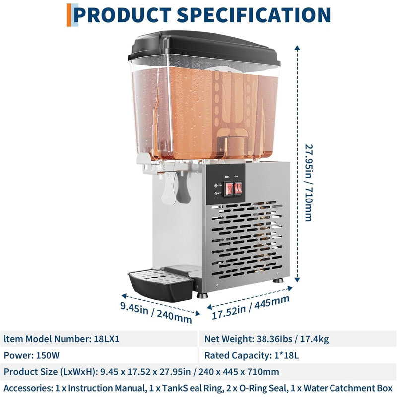 4.76 Gallon Commercial Beverage Dispenser, 150W