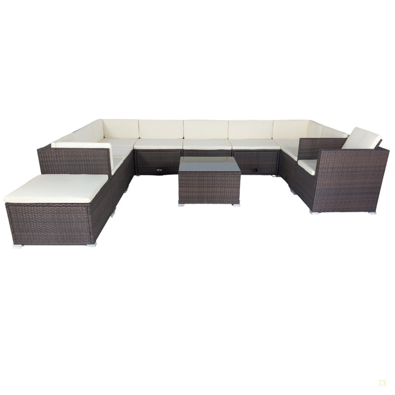 11 Piece Patio Wicker Conversation Set, 10 Seater Patio Sectional Set With 3 Storage Box Under Seat