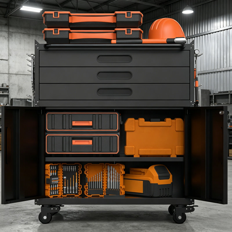 34.3 Inch Heavy Duty Rolling Metal Tool Chest Cabinet With 3 Drawers, Lockable Storage Doors & Mobile Workbench, Durable Garage Workshop Storage Organizer
