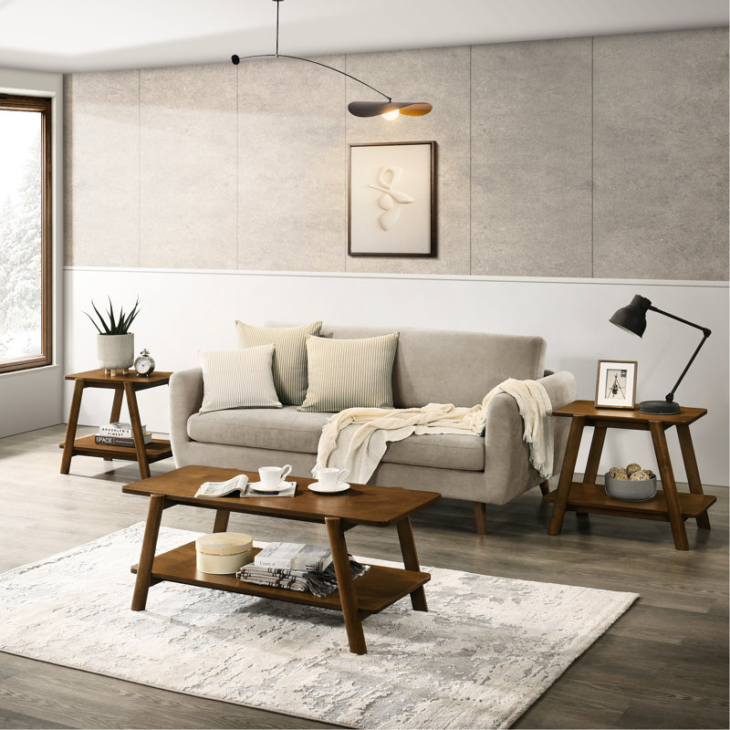 Table basse en noyer de style Mid-Century moderne avec 3 tablettes