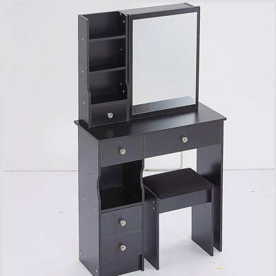 29.2" Small Space Left Bedside Cabinet Vanity Table + Cushioned Stool,Extra Large Right Sliding Mirror,Multi Layer High Capacity Storage,Practical Fashionable Dresser,Suitable for Small Space