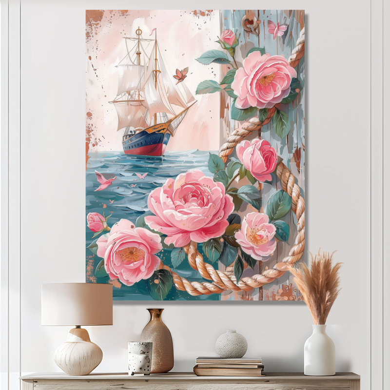 Ancre de pirate rose et vert avec roses roses I - art mural côtier, Toile tendue, H 12 po x l 20 po x P 1 po