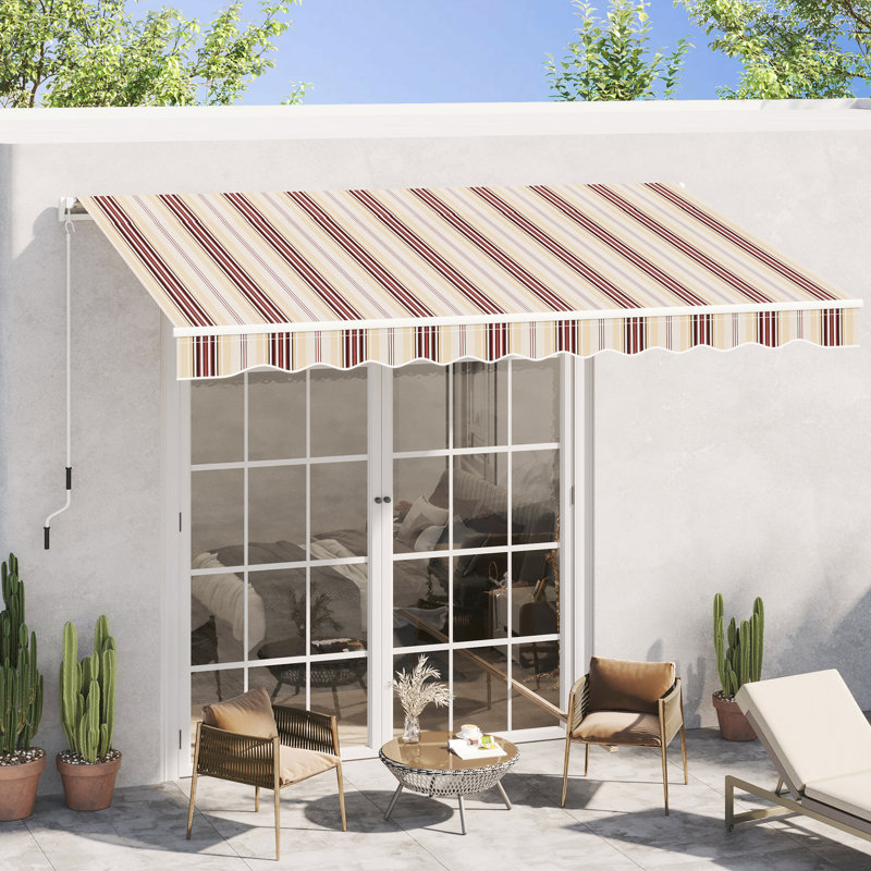 Patio Sunshade - 13' X 8' Retractable Awning, & Water-, Manual Crank, Aluminum Frame, Red Stripes For Yard Balcony Awning Deck