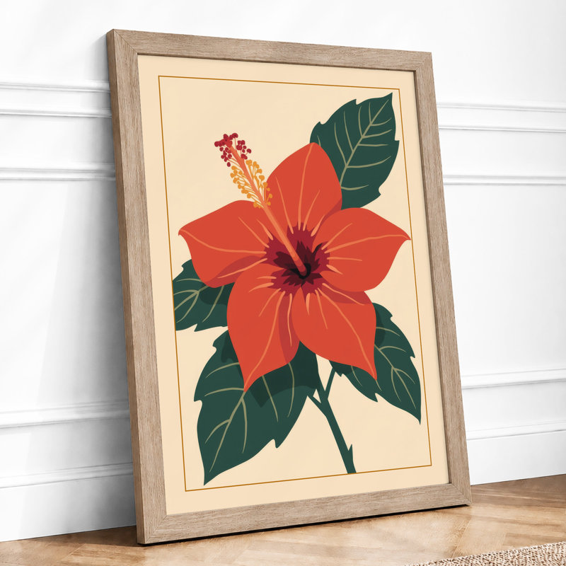 Red Hibiscus Bloom Botanical - Framed Print, Oak, A4 - 29.7 x 21.0 cm