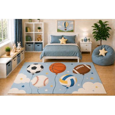 5' x 7' Kids Area Rug Sports Balloon Theme Rug Soccer Basketball Football Baseball Volleyball Bedroom Playroom Decor Non-Slip Silicone Backing Low Pile