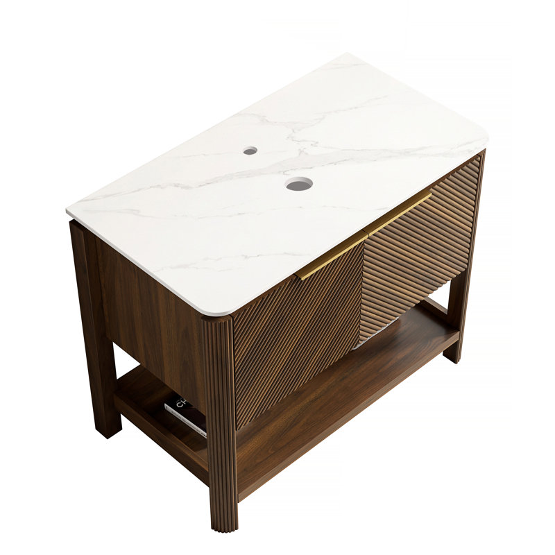 Armoire sur pieds Indigo 36 po avec 2 portes et tablette ouverte, plateau en pierre frittée blanc de Carrare, sans lavabo, sans robinet et drain, grain de bois noyer foncé