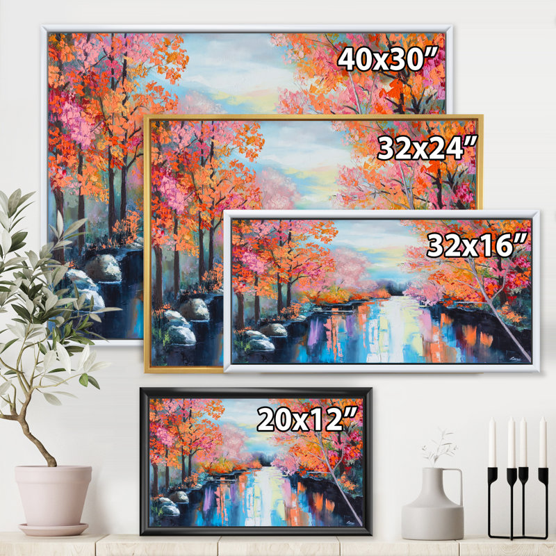 «Orange Autumn Forest by the River», peinture sur toile, H 12 po x l 20 po x p 1 po, Cadre flottant noir