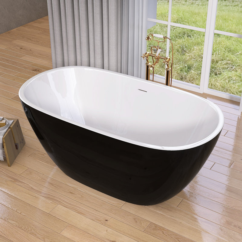 55" Freestanding Soaking Acrylic Bathtub, Glossy Black