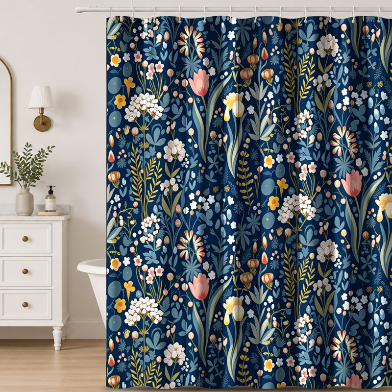 Rideaux de douche à motifs floraux avec crochets inclus, Motif floral bleu