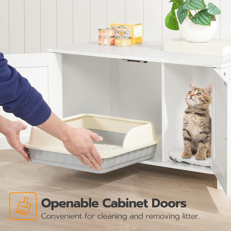Litter Box Enclosure, Cat Litter Box Furniture with Removable Divider, Large Hidden Litter Box Furniture, Wooden Cat House, End Side Table, 31" L x 17.5" W x 19.7" H, White