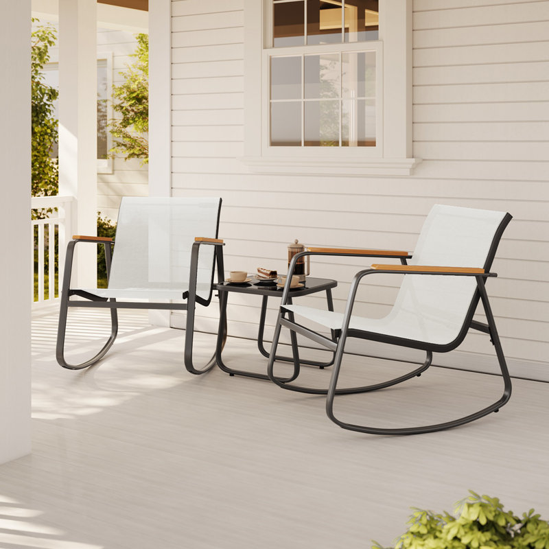 3-Piece  Outdoor Patio Conversation Rocking Set With Table，Seating Group, White