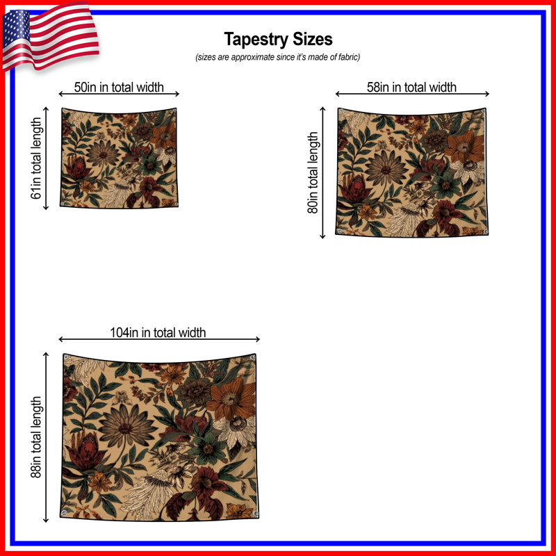 Beige Floral Botanical Wall Tapestry - Floral Wall Decor, 68in H x80in W with 4 Grommets