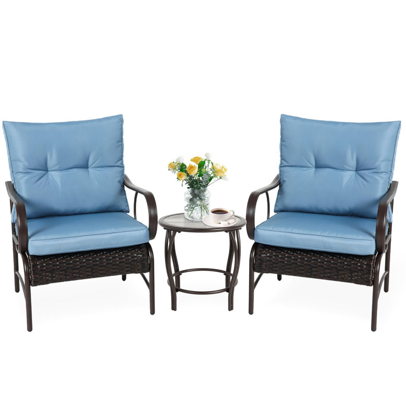 Ensemble de conversation pour patio pour 2 personnes avec coussins, Bleu