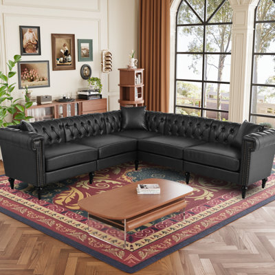 Canapé modulaire pour salon, canapé Chesterfield moderne réversible en forme de L avec accoudoirs roulés et têtes de clou, canapé capitonné à 5 places pour le cuir PU de petite ou grande taille (noir)
