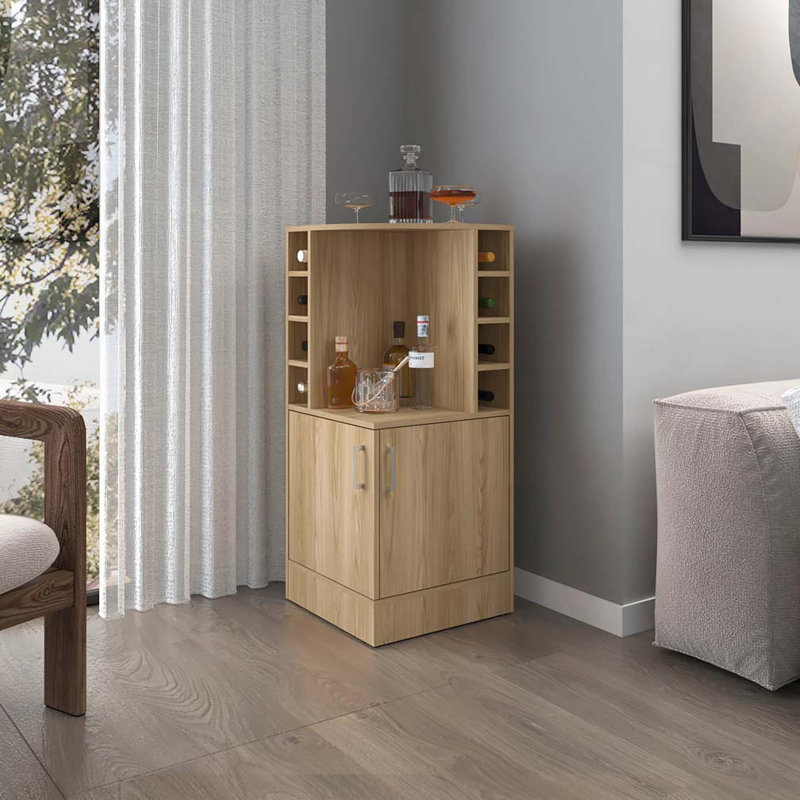 Bar en chêne naturel avec porte-bouteilles et tablette ouverte, Bois naturel