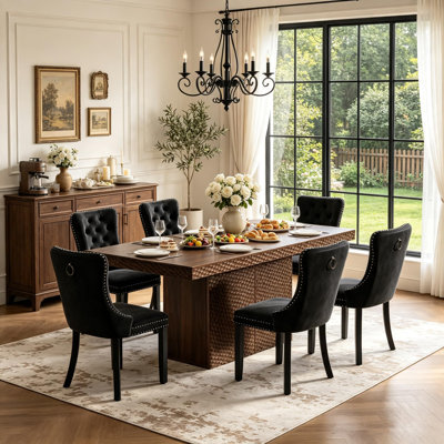 Ensemble de table de salle à manger 7 pièces en bois de noyer avec armoire de rangement, ensemble de salle à manger rectangulaire de 68 po pour 6 avec chaises en velours, détails martelés
