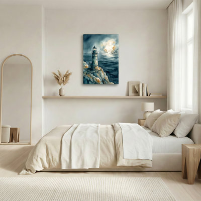 Art mural sur toile, "Phare aquarelle bleu" sur une falaise rocheuse