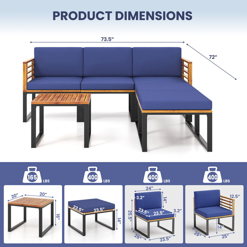 Ebern Designs 6pcs Patio Conversation Sofa Set Acacia Wood Outdoor Furniture Set W/ Navy Cushions