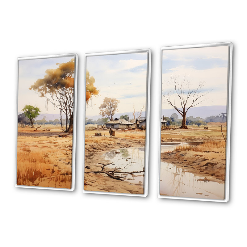 «Beige African Safari Landscape I», art mural Afrique, Cadre flottant blanc, H 28 po x l 36 po x P 1 po
