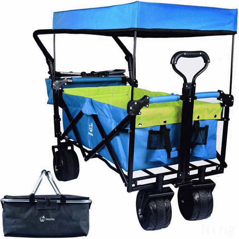 Chariots pliables avec wagons de 140 L pliables avec auvent amovible, chariot pliable avec roues pour tout-terrain avec frein, chariot pliable avec sac isotherme, pour le camping