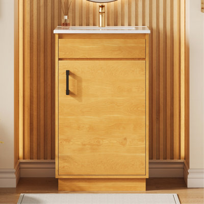 Meuble-lavabo de 20 pouces avec lavabo en céramique, ensemble de meuble-lavabo simple autoportant avec porte à fermeture douce, tablette réglable, style maison de campagne, bois naturel.