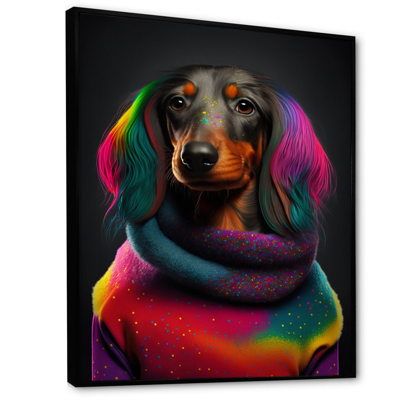 Teckel froid dans un chandail arc-en-ciel - Imprimé, Cadre flottant noir, H 40 po x l 30 po x P 1,5 po
