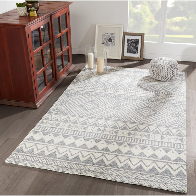 Tapis ivoire / gris en laine fait à la main Adhley, Rectangle 8 pi x 10 pi