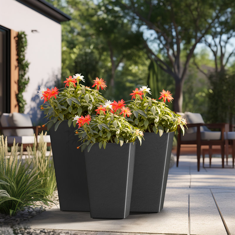 Ensemble de 3 grandes pots de fleurs d'intérieur / d'extérieur carrés 24 po, 18,5 po et 16 po, Noir anthracite