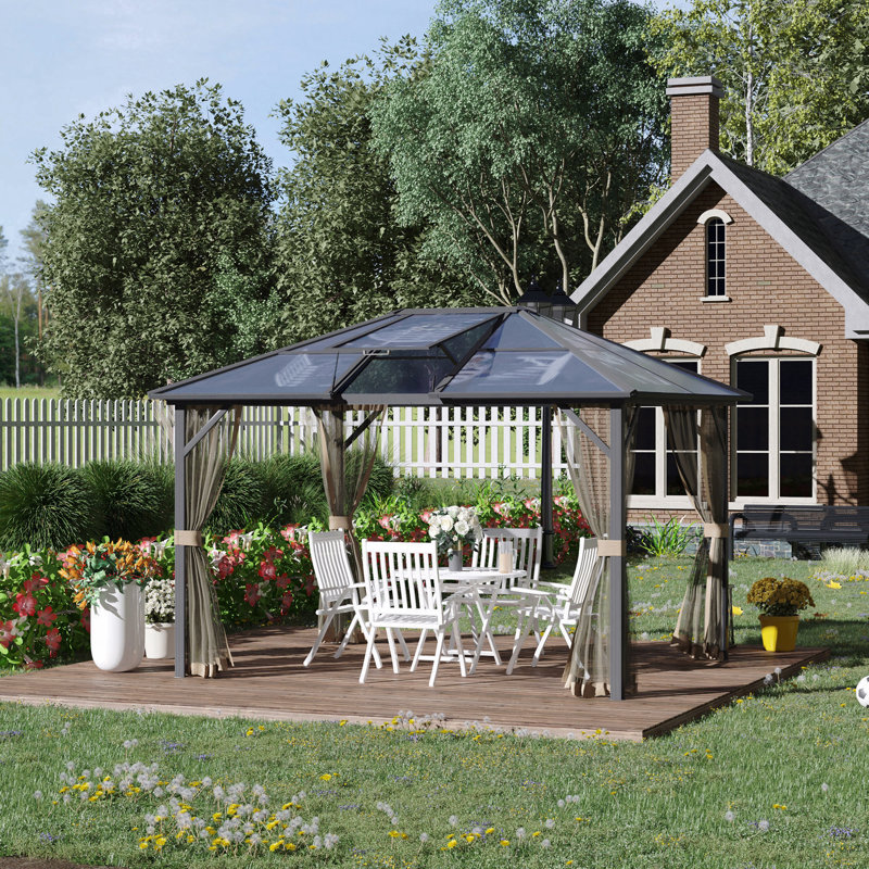 Moustiquaire en aluminium 10X12FT pour l'extérieur avec toit en polycarbonate et évent supérieur, Gris clair