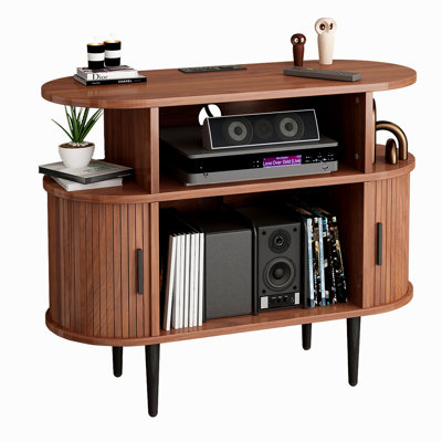 Large Round Record Player Stand With Charging Station & USB Ports, Record Storage Cabinet, Mid Century Modern Turntable Stand For Bedroom Living Room (WALNUT)
