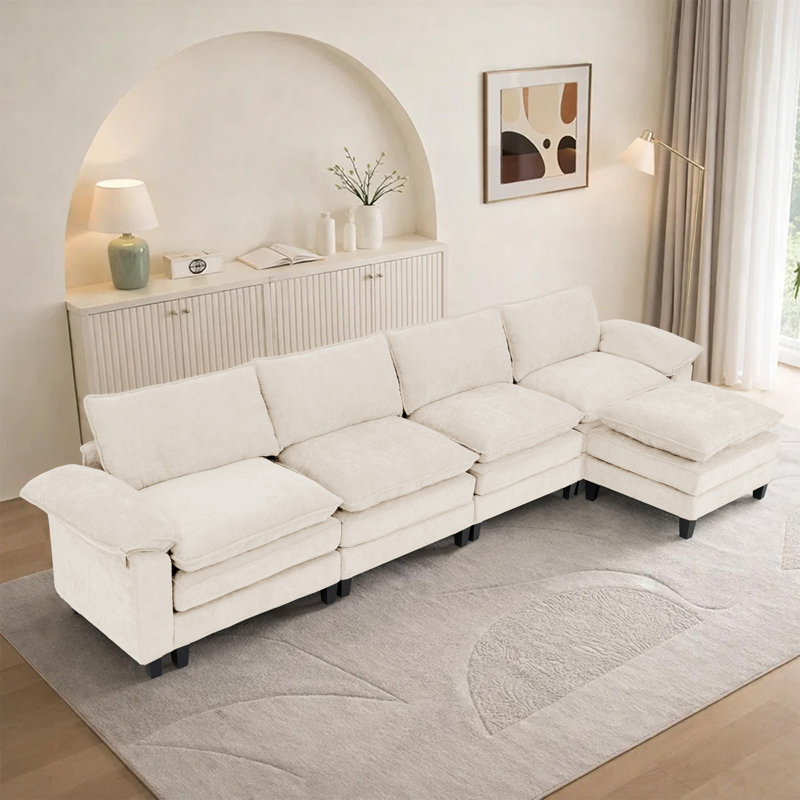 Canapé d'angle rembourré avec 1 repose-pieds, H 37,4 po x l 146,5 po x P 61 po, Tissu beige