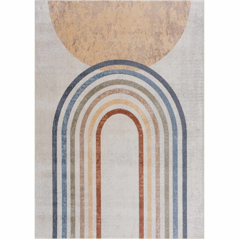 Sunny Machine Washable Modern Cream/Yellow Area Rug, Rectangle 6'7" x 9'
