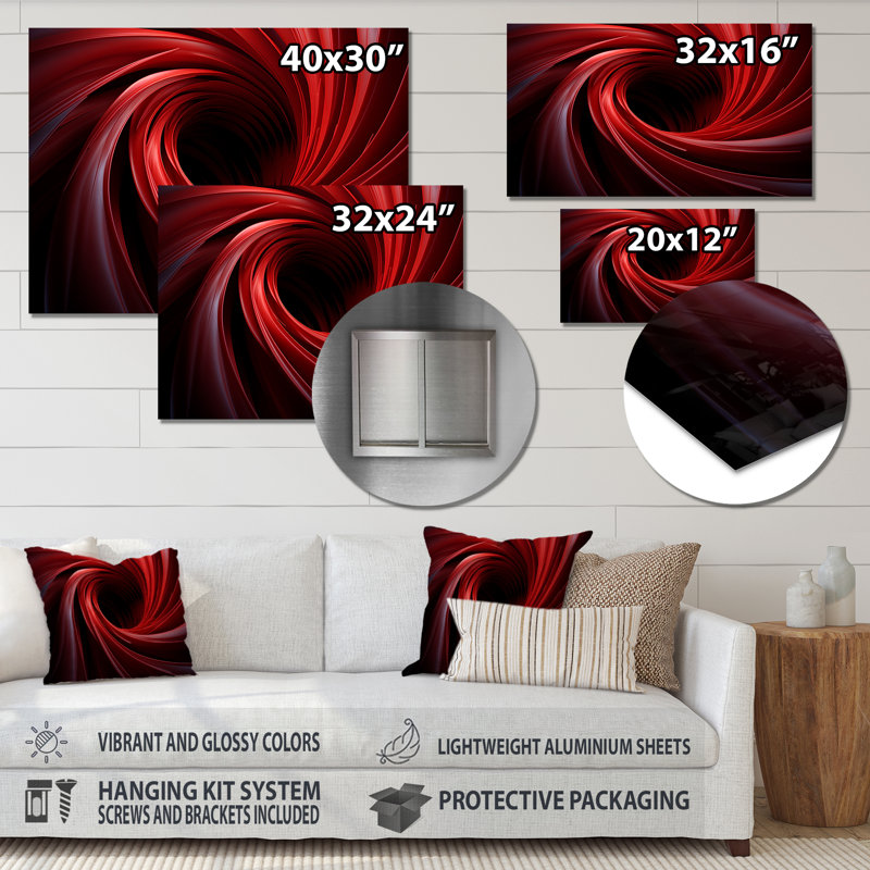 «Red Abstract Spiral Dreamscape II», art mural abstrait en spirale en métal, H 30 po x l 40 po x P 1,5 po