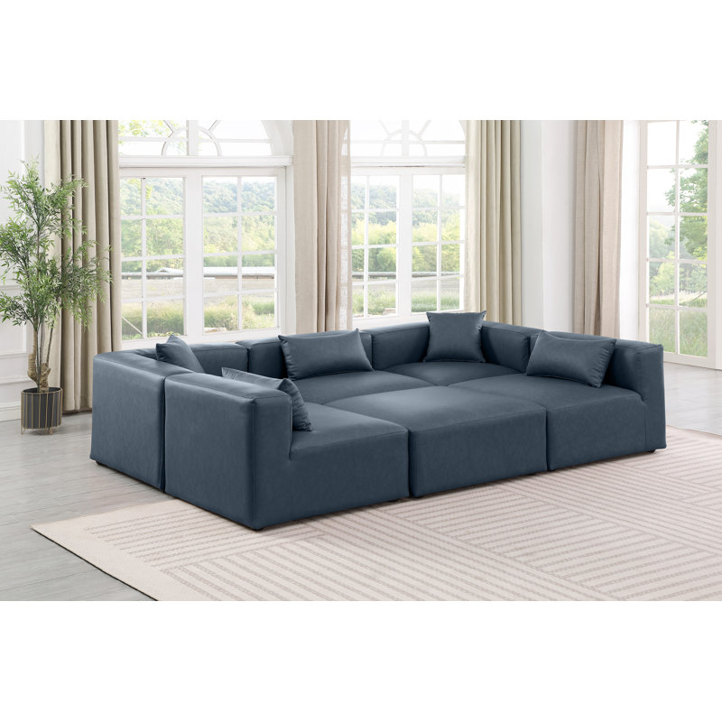 Canapé modulaire en similicuir de 6 pièces Ivion, Cuir végétalien bleu marine