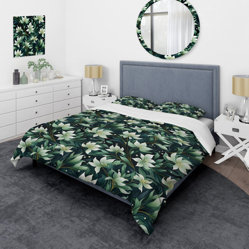 Ensemble de housse de couette Green Floral Flourish Elegance, Housse de couette simple + 1 taie décorative stan