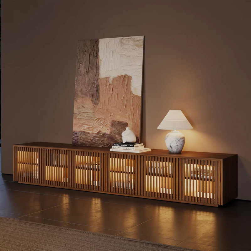 Meuble télé Mid-Century moderne à lattes en bois avec lumières DEL, entièrement assemblé, 16.54"H x 94.5"L x 15.75"W, Brun
