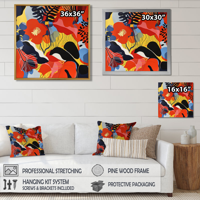 Fleurs de coquelicot rétro - Art mural coquelicot, Cadre flottant noir, bois massif, H 16 po x l 16 po