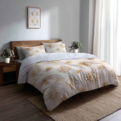 Boho Bedding Set Of 3 - Starburst Gold And Beige Ethereal Sun Duvet Cover Set