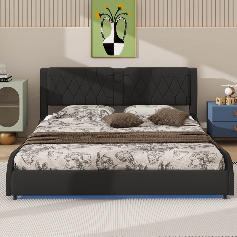 Lit luxueux en similicuir à profil bas avec audio Bluetooth et lumière DEL RVB, Noir, Très grand lit