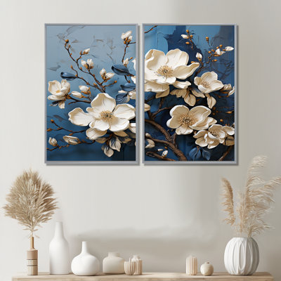 Décoration murale bleu et blanc Magnolia en fleurs I - Magnolias floraux