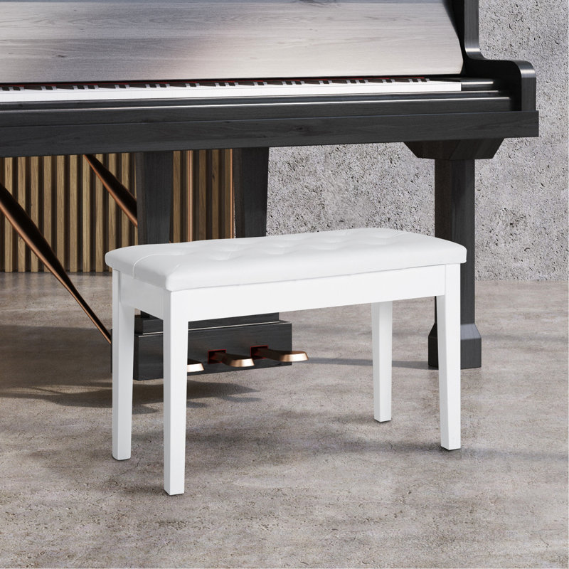 White Piano Chair With Faux Leather Padding And Firm Wooden Support For Duets Bench, Frame Button Cushion, Ideal